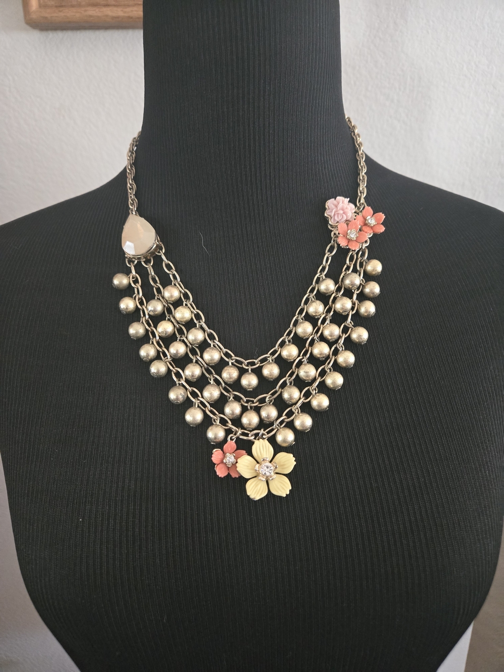 VintageTalbots Gold-Tone Multi-Strand Necklace w/ Coral, Pink & Yellow Flowers